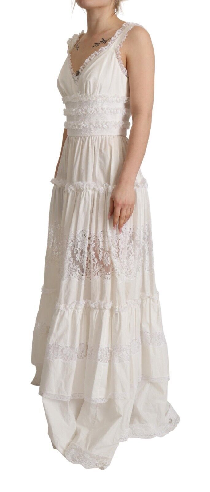 Dolce & Gabbana White Cotton Tiered Long Maxi A-line Women's Dress
