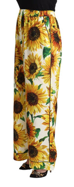 Dolce & Gabbana White Sunflower Print Mid Waist Wide Leg Women's Pants