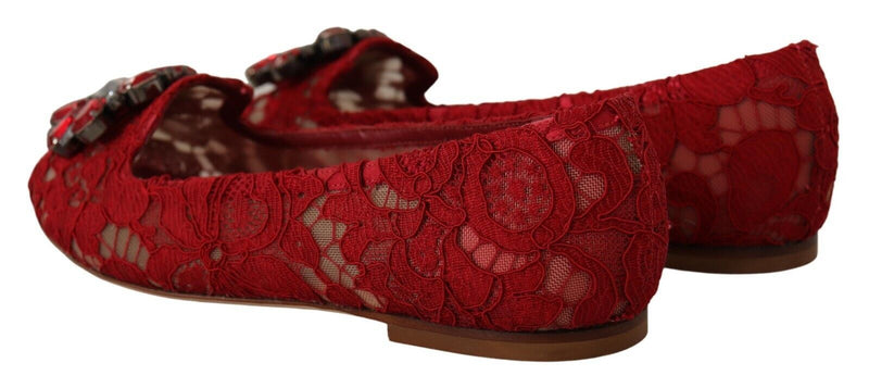 Dolce & Gabbana Radiant Red Lace Ballet Flats with Crystal Women's Buckle