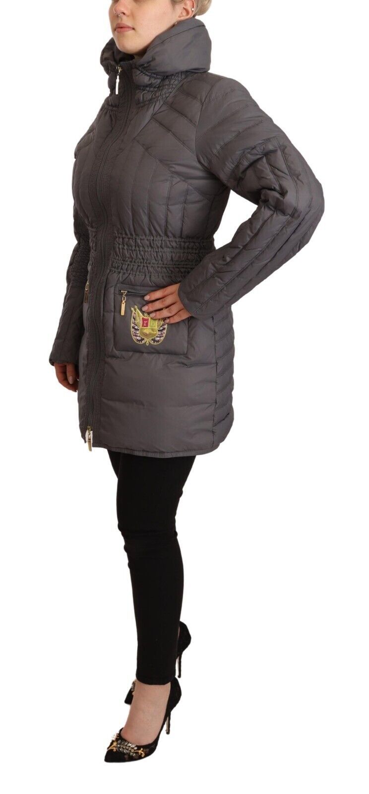 Roccobarocco Gray Quilted Long Sleeves Logo Patch Full Zip Women's Jacket