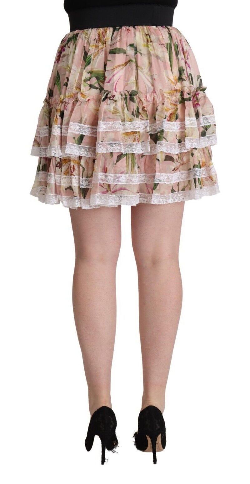Dolce & Gabbana Pink Lily Print Silk Mini Tiered A-line Women's Skirt