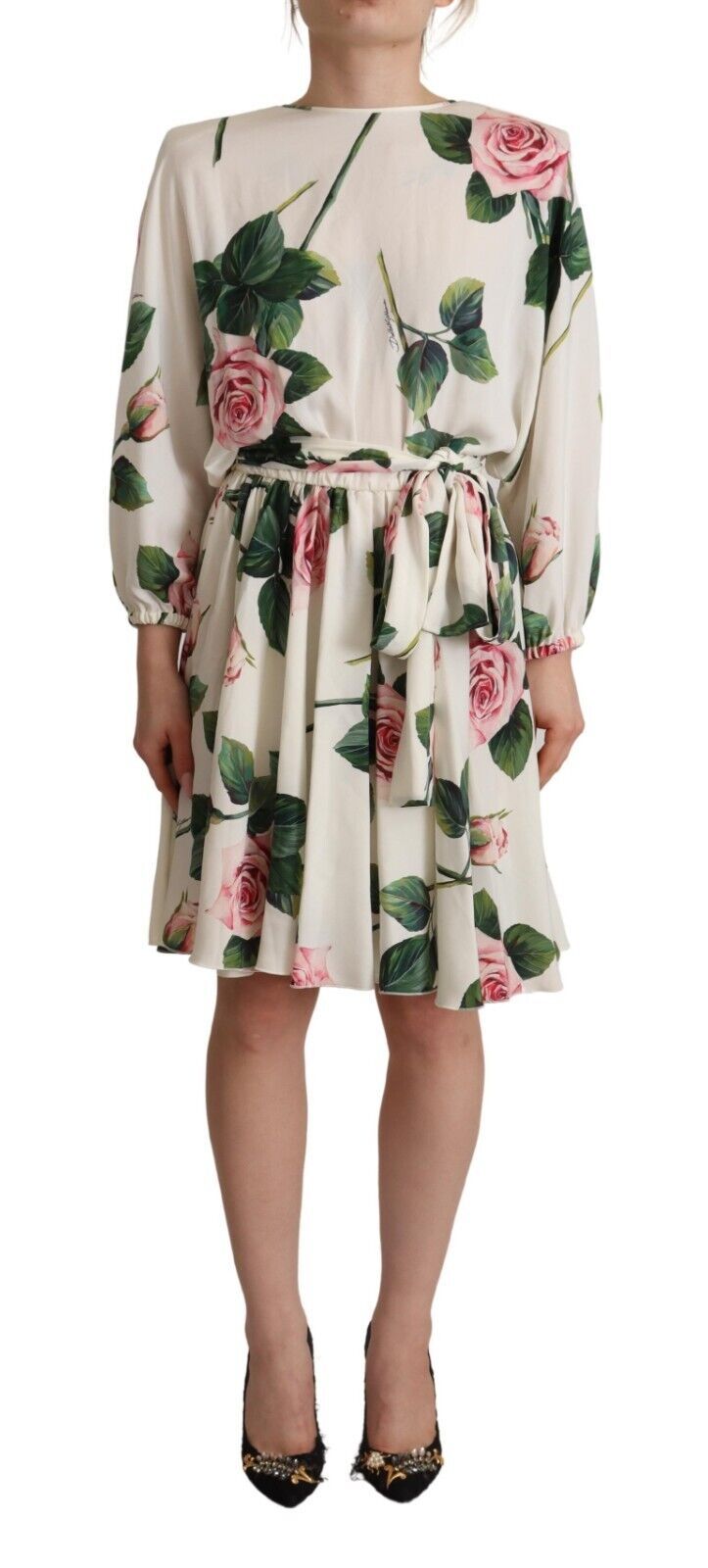 Dolce & Gabbana White Rose Print Long Sleeves A-line Women's Dress