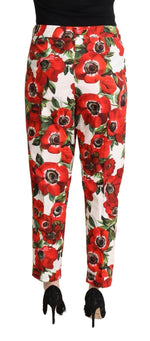 Dolce & Gabbana White Red Anemone Cotton Trouser Tapered Women's Pants