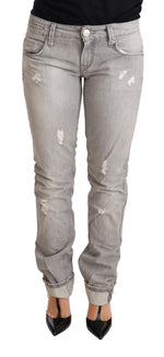 Acht Gray Tattered Cotton Slim Fit Folded Hem Women Denim Women's Jeans