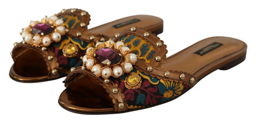 Dolce & Gabbana Chic Floral Print Flat Sandals with Faux Pearl Women's Detail