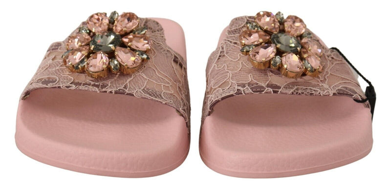 Dolce & Gabbana Pink Lace Crystal Sandals Slides Beach Women's Shoes