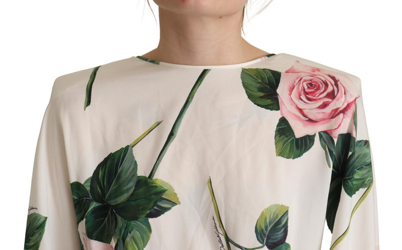 Dolce & Gabbana White Rose Print Long Sleeves A-line Women's Dress