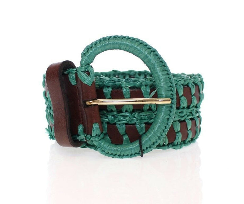 Dolce & Gabbana Green Raffia Woven Waist Leather Wide Women's Belt