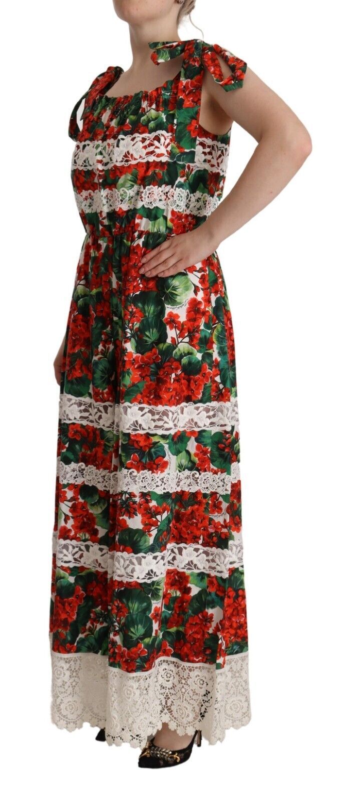 Dolce & Gabbana Multicolor Geranium Print Lace Long Maxi Women's Dress