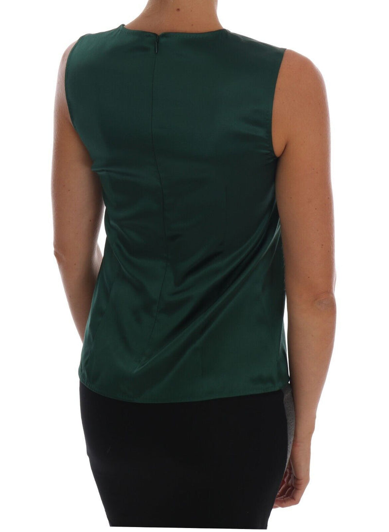 Dolce & Gabbana Dark Green Silk Sleeveless Round Neck Tank Women's Top
