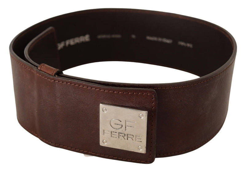 GF Ferre Brown Genuine Leather Wide Logo Buckle Waist Women's Belt