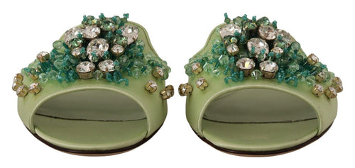 Dolce & Gabbana Elegant Crystal-Embellished Green Leather Women's Slides