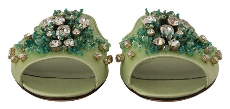 Dolce & Gabbana Elegant Crystal-Embellished Green Leather Women's Slides