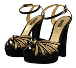 Dolce & Gabbana Black Gold Viscose Ankle Strap Heels Sandals Women's Shoes
