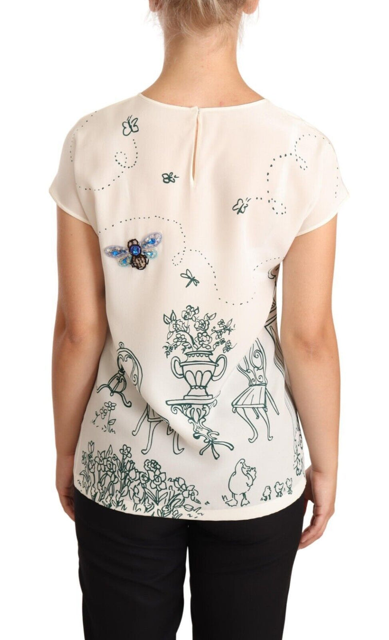 Dolce & Gabbana White Silk Garden Fountain T-Shirt Women's Blouse
