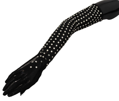 Dolce & Gabbana Black Crystal Elbow Length Cotton Tulle Women's Gloves