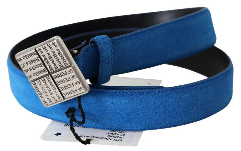 GF Ferre Blue Leather Silver Square Logo Buckle Waist Women's Belt