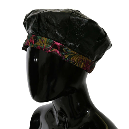 Dolce & Gabbana Black Lamb Leather Floral Print Beret Women's Hat