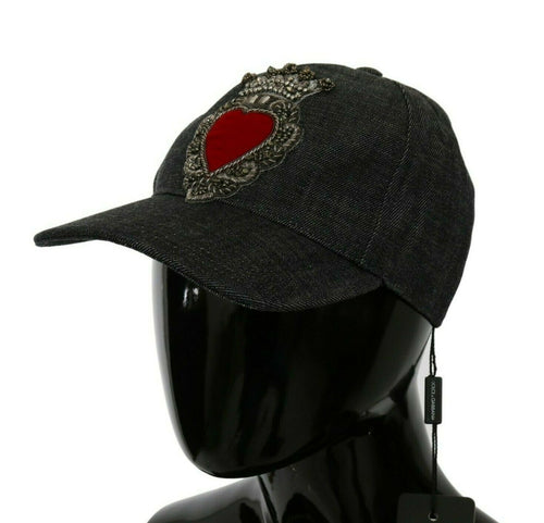 Dolce & Gabbana Blue Denim Embroidered Heart Design Women's Cap