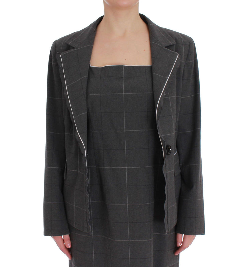 BENCIVENGA Gray Checkered Cotton Blazer Dress Set Women's Suit