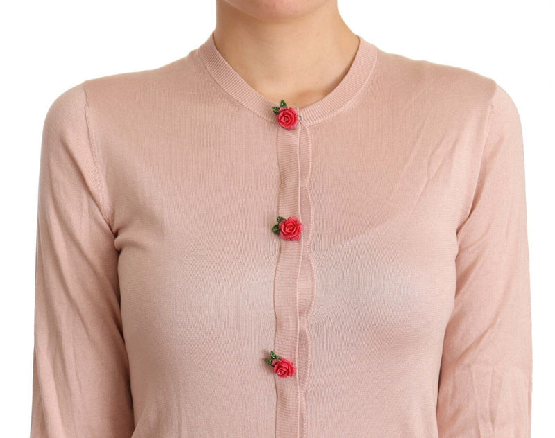 Dolce & Gabbana Pink Silk Knit Rose Button Cardigan Women's Sweater