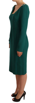 Dolce & Gabbana Emerald Green Midi Sheath Dress with Crystal Women's Brooch