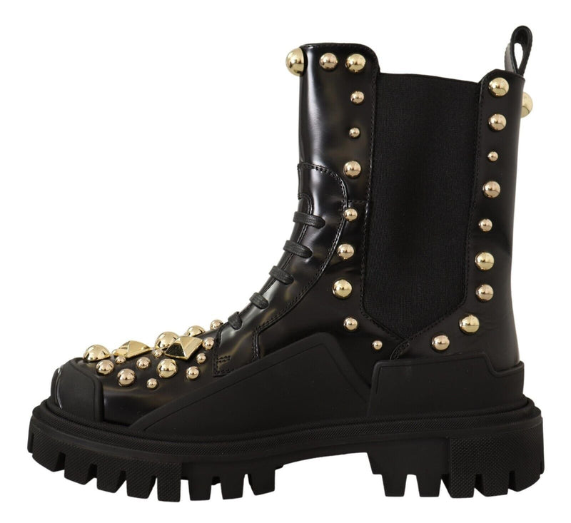 Dolce & Gabbana Black Leather Studded Combat Women's Boots