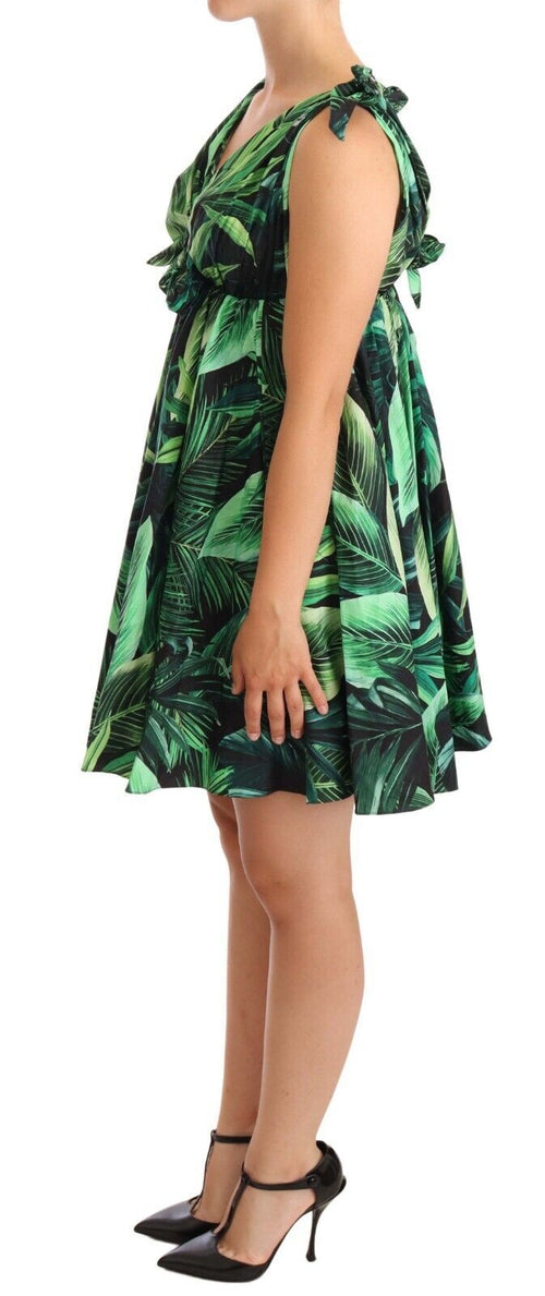 Dolce & Gabbana Elegant Flared Mini A-Line Dress in Green Leaf Women's Print