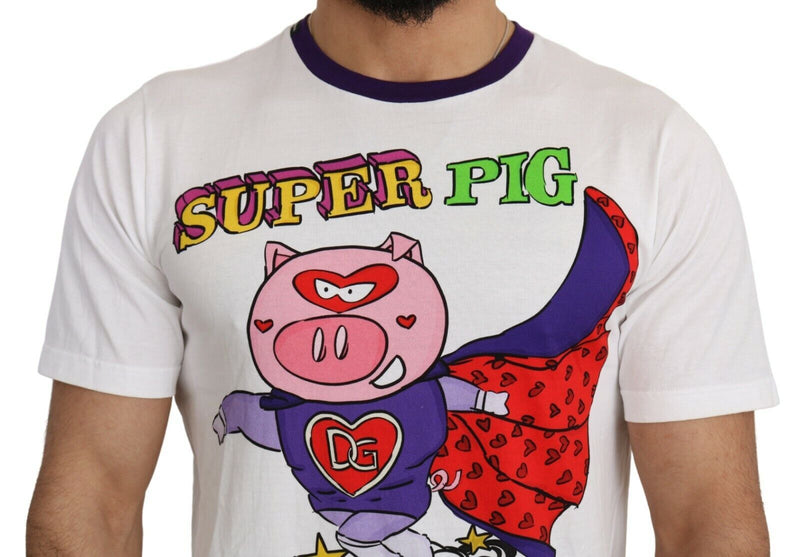 Dolce & Gabbana White Cotton Top Super Power Pig Men's T-shirt