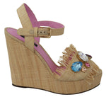 Dolce & Gabbana Beige Rhinestones Wedge Heel Sandals Women's Shoes