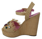 Dolce & Gabbana Beige Silk Strap Wedge Women's Sandals