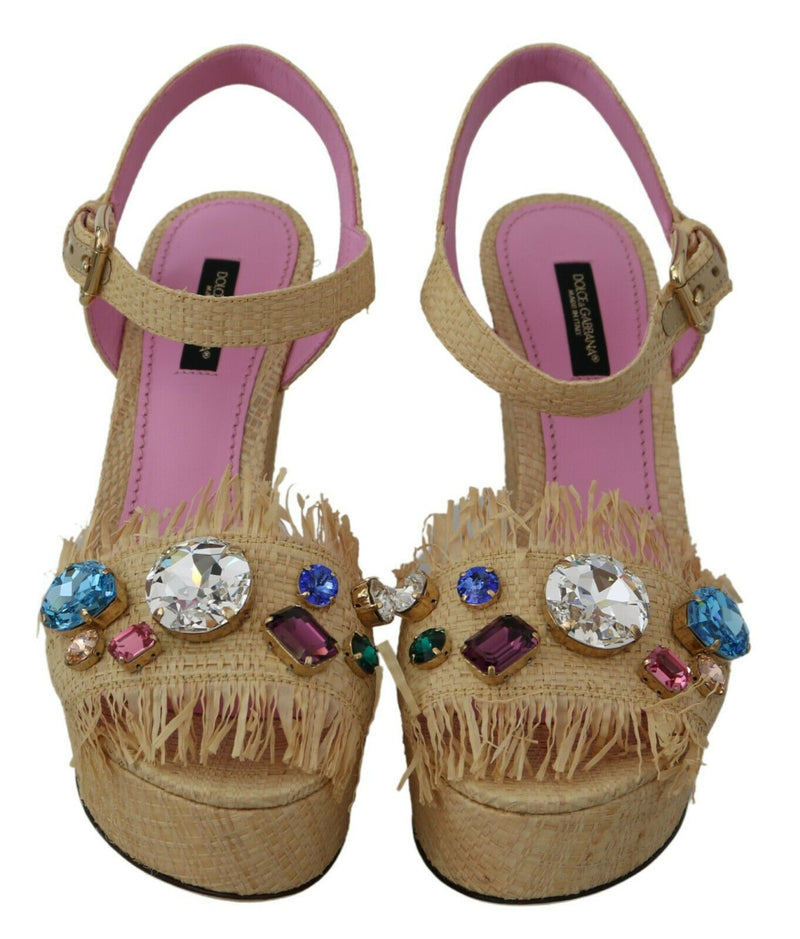 Dolce & Gabbana Beige Rhinestones Wedge Heel Sandals Women's Shoes