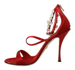 Dolce & Gabbana Red Satin Crystals Sandals Keira Heels Women's Shoes