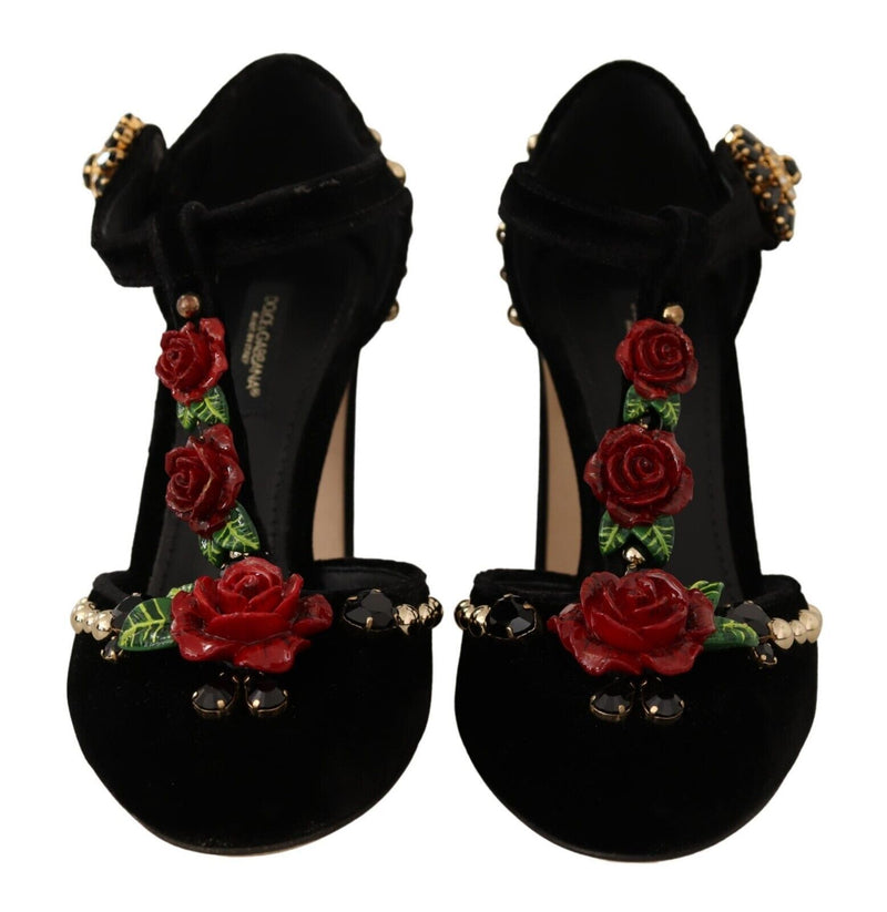 Dolce & Gabbana Black Mary Jane Pumps Roses Crystals Women's Shoes