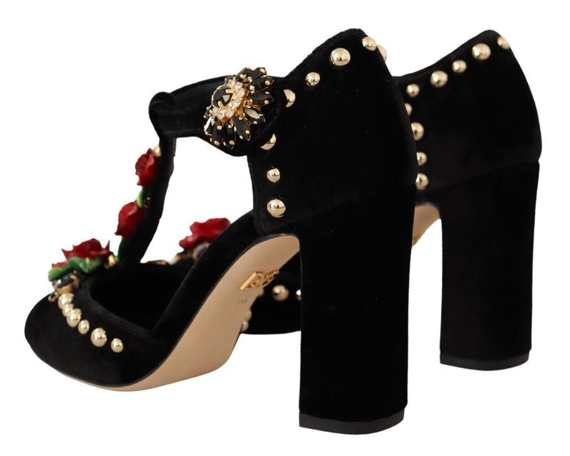 Dolce & Gabbana Black Mary Jane Pumps Roses Crystals Women's Shoes