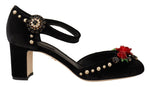 Dolce & Gabbana Black Velvet Roses Ankle Strap Pumps Women's Shoes