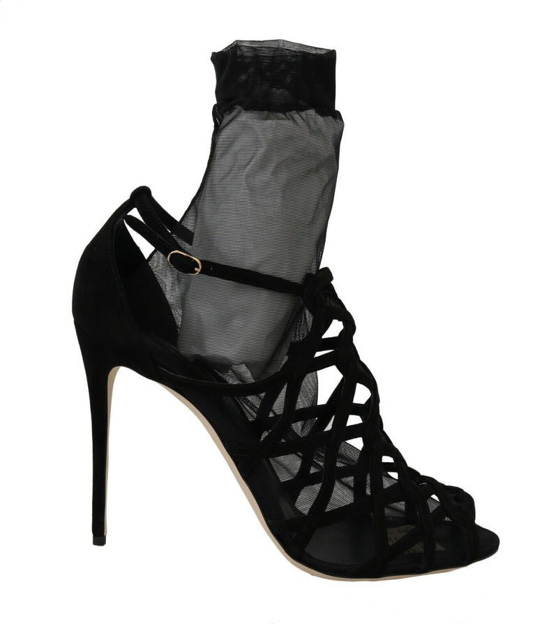 Dolce & Gabbana Black Suede Tulle Ankle Boots Sandal Women's Shoes