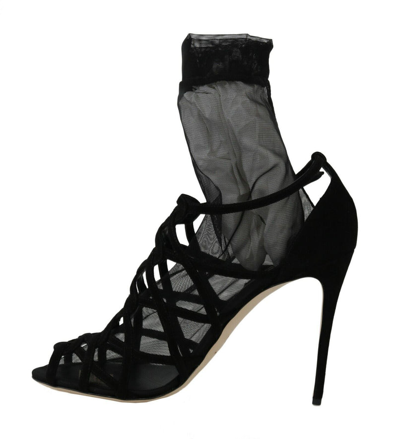 Dolce & Gabbana Black Suede Tulle Ankle Boot Women's Sandals