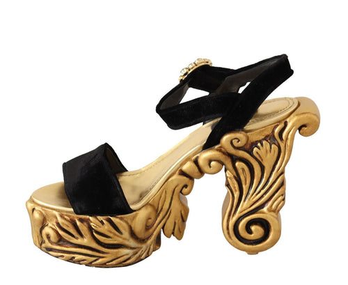 Dolce & Gabbana Black Gold Baroque Velvet Heels Crystal Women's Shoes