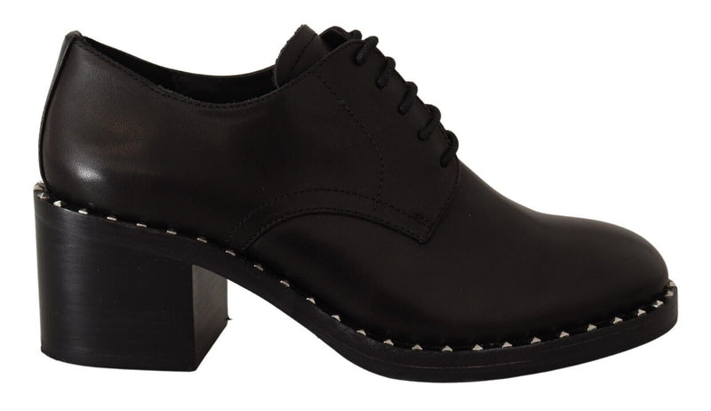 ASH Black Leather Block Mid Heels Lace Up Studs Women's Shoes