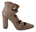 MY TWIN Brown Leather Block Heels Multi Buckle Pumps Women's Shoes
