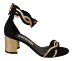 FRANCESCO SACCO Black Gold Leather Suede Ankle Strap Heels Women's Shoes