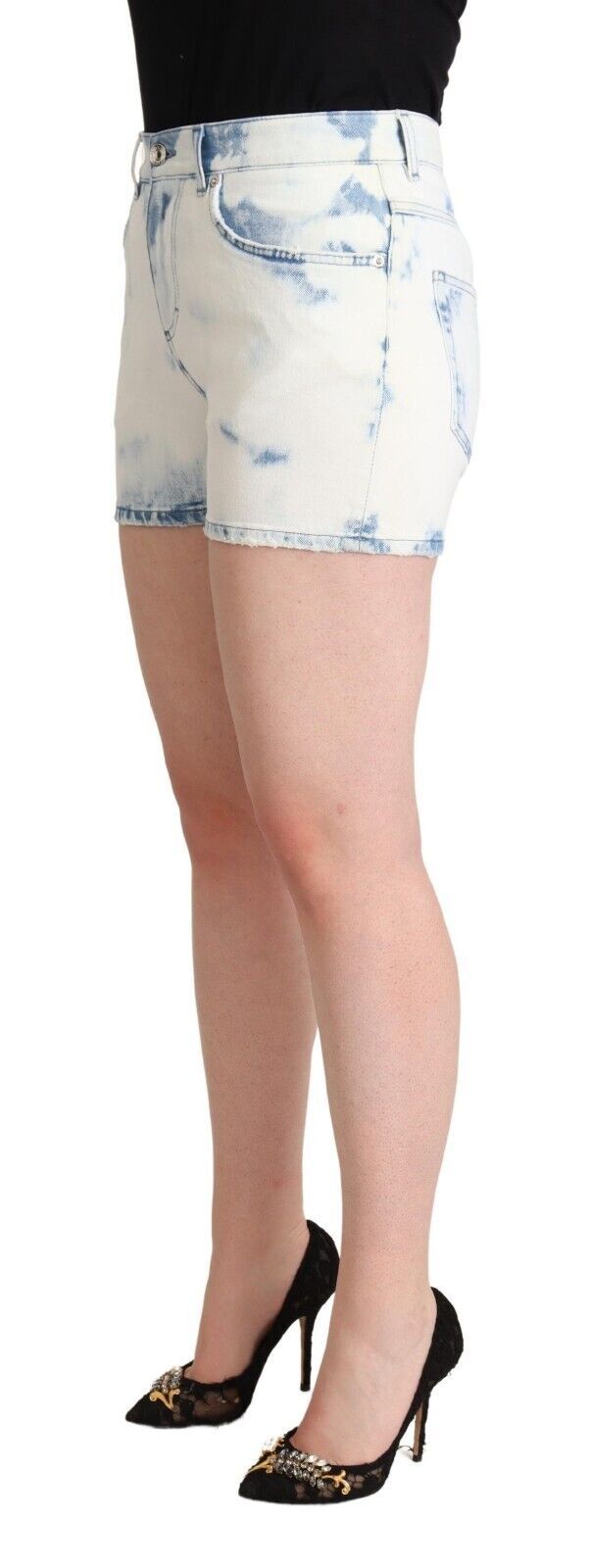 Dolce & Gabbana White Blue Dye Cotton Mid Waist Denim Women's Shorts
