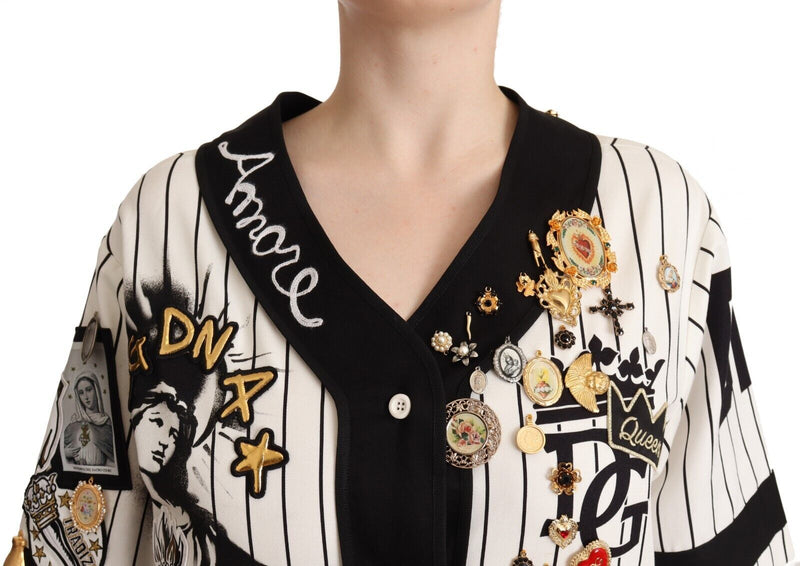 Dolce & Gabbana Elegant Striped V-Neck Blouse with Women's Charms