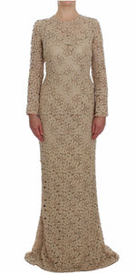 Dolce & Gabbana Beige Floral Lace Long Sleeve Maxi Women's Dress