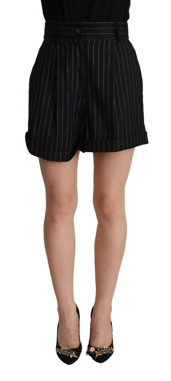 Dolce & Gabbana Black Stripes Wool High Waist Trouser Bermuda Women's Shorts