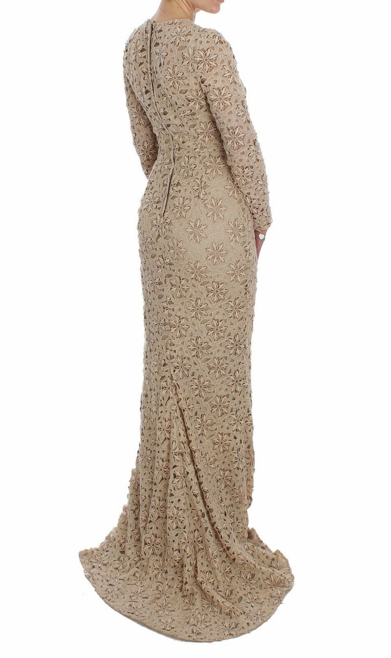 Dolce & Gabbana Beige Floral Lace Long Sleeve Maxi Women's Dress