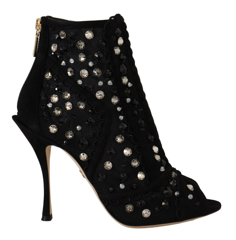Dolce & Gabbana Black Crystals Heels Zipper Short Boots Women's Shoes
