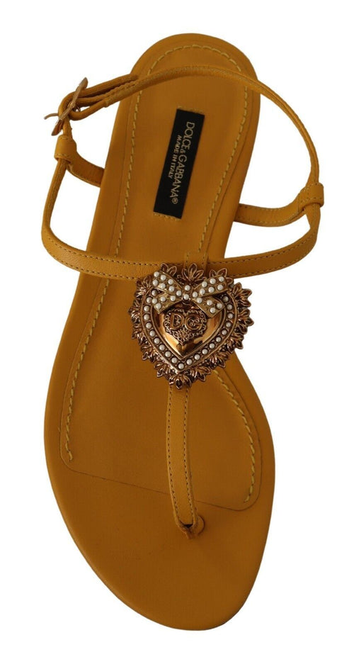 Dolce & Gabbana Mustard T-Strap Flat Sandals with Heart Women's Embellishment