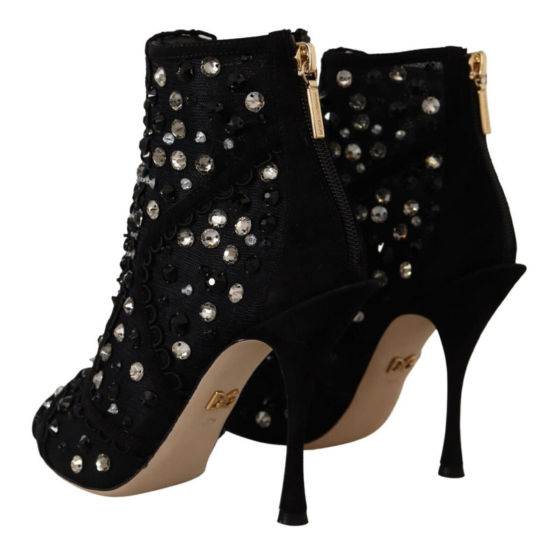 Dolce & Gabbana Black Crystals Heels Zipper Short Boots Women's Shoes